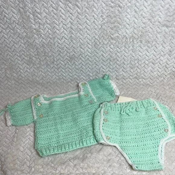 Vintage Handmade Light Green Knitted 2 piece Infant Outfit OS OOAK - Picture 2 of 10